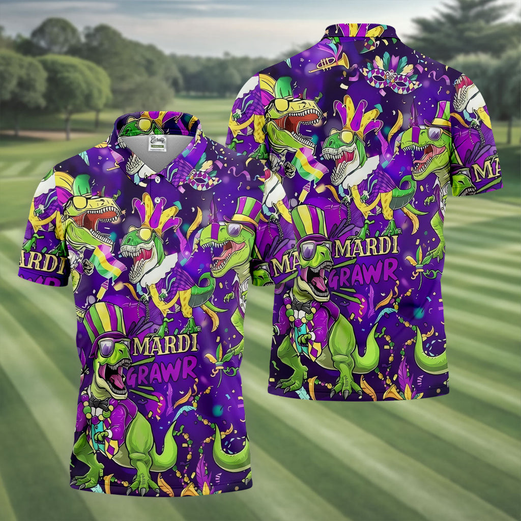 Mardi Grawr Purple Green Gold Funny Dinosaur Mardi Gras Golf Shirt, Golf Shirts For Men, Polo Shirts For Men