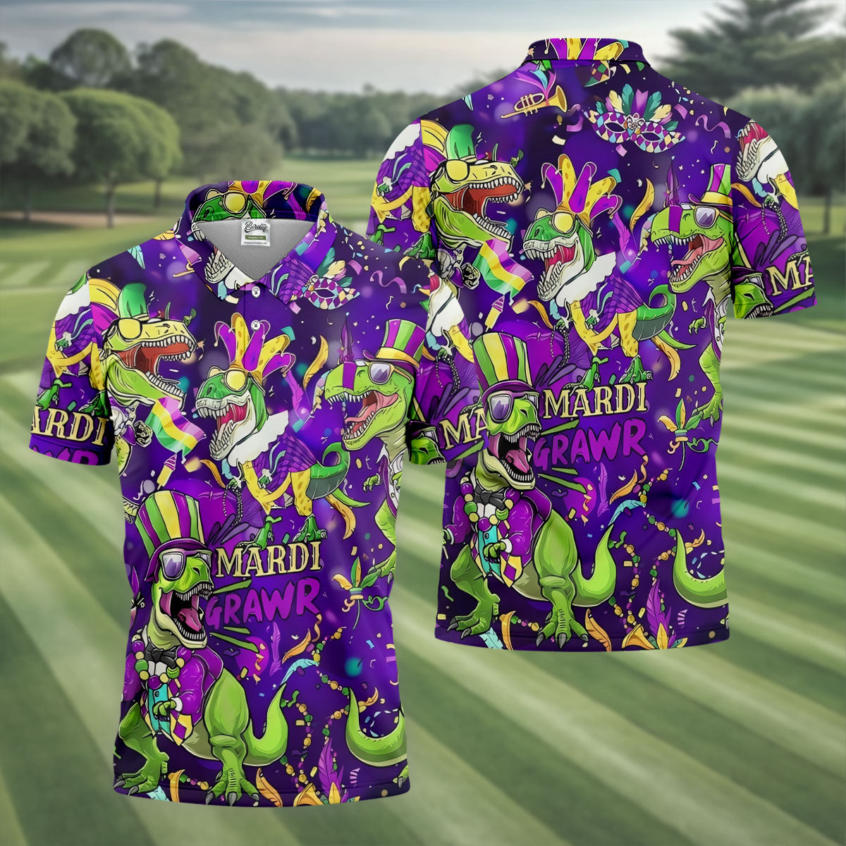Mardi Grawr Purple Green Gold Funny Dinosaur Mardi Gras Golf Shirt, Golf Shirts For Men, Polo Shirts For Men