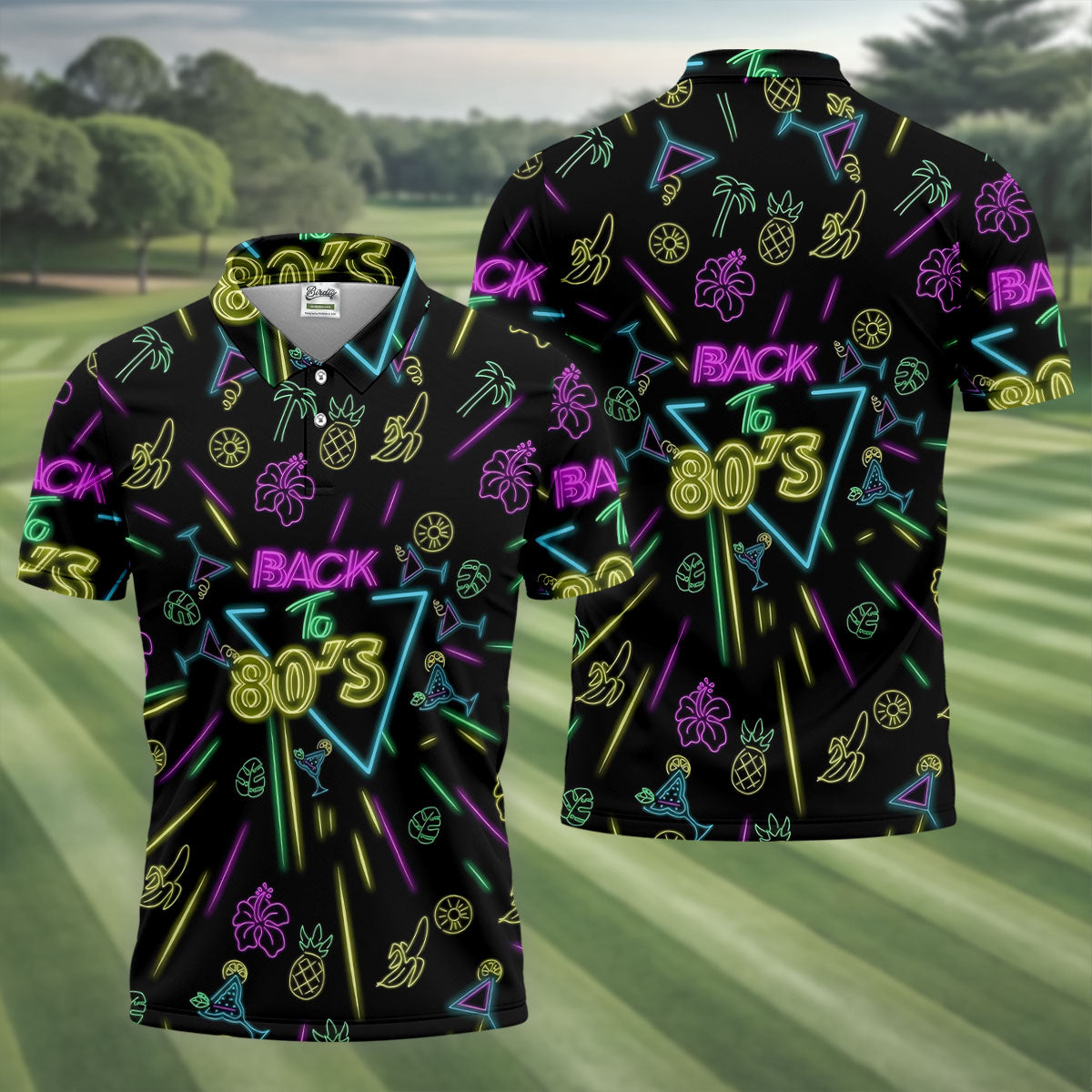 Back To 80's Neon Pattern Hawaiian Golf Shirt, Tropical Vibe Men's Funny Golf Shirts