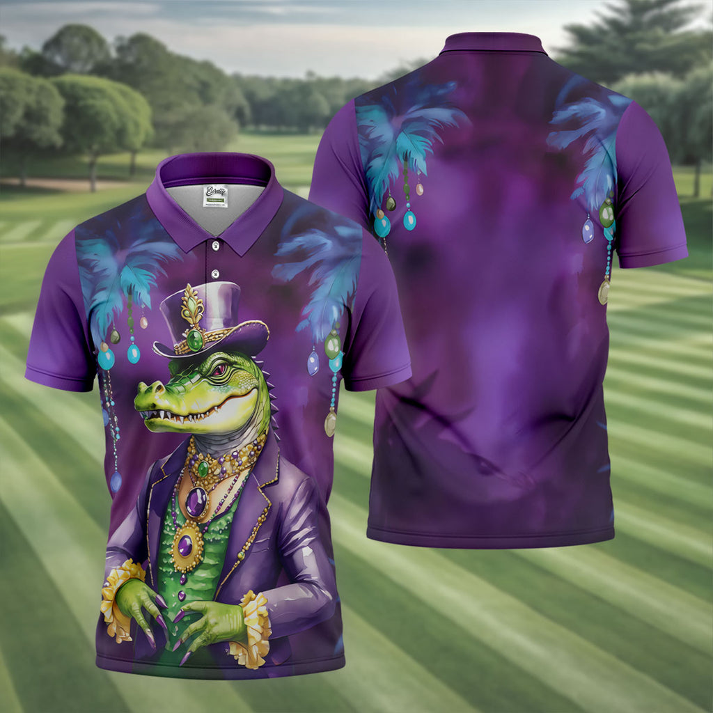 Mardi Gras Alligator Purple Golf Shirt, Men's Funny Golf Shirts, Polo Shirts For Men, Golf Shirts For Men