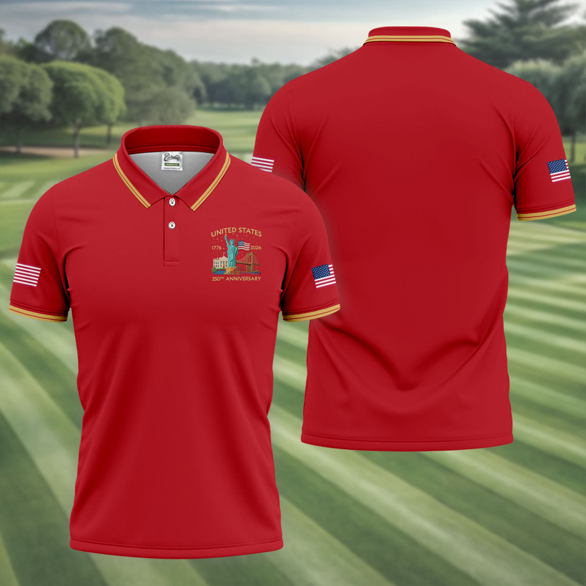 American Symbols Red Patriotic Golf Shirt, US 250 Years 4th Of July Golf Shirts For Men