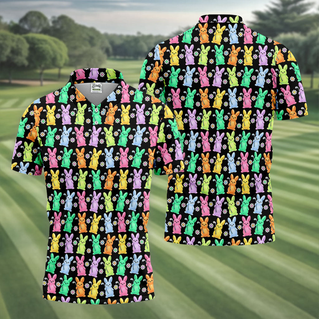 Colorful Easter Bunny Black Golf Shirt, Cute Golf Outfit, Golf Shirts For Men, Golf Gift For Men