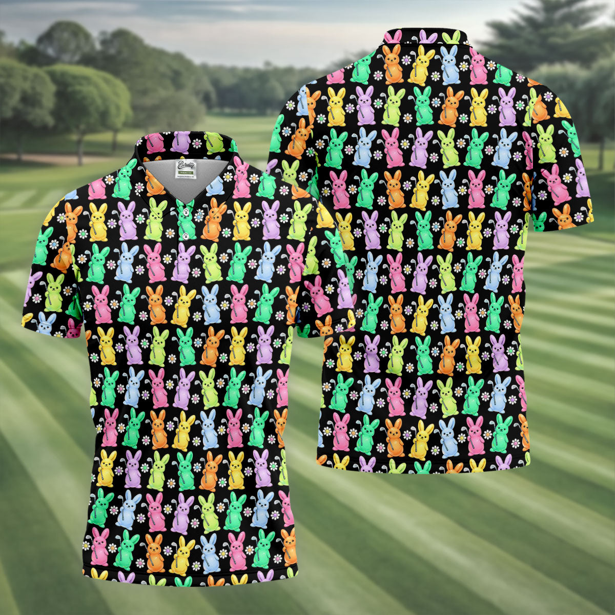 Colorful Easter Bunny Black Golf Shirt, Cute Golf Outfit, Golf Shirts For Men, Golf Gift For Men
