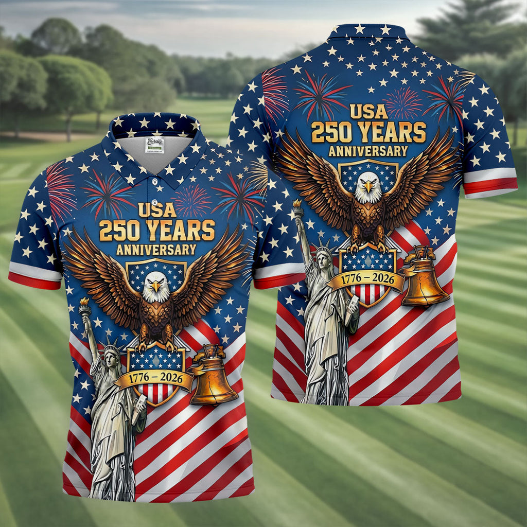 USA 250 Years Stars And Stripes Bald Eagle Golf Shirt, Patriotic 4th Of July Golf Shirts For Men