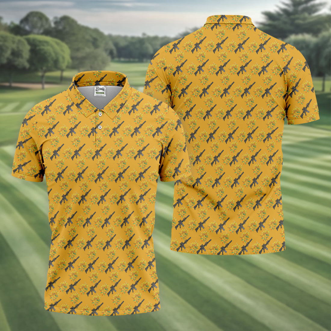 Gun And Flower Yellow Lily Flower Seamless Pattern Yellow Golf Shirt, Golf Tops For Men, Golf Shirts For Men