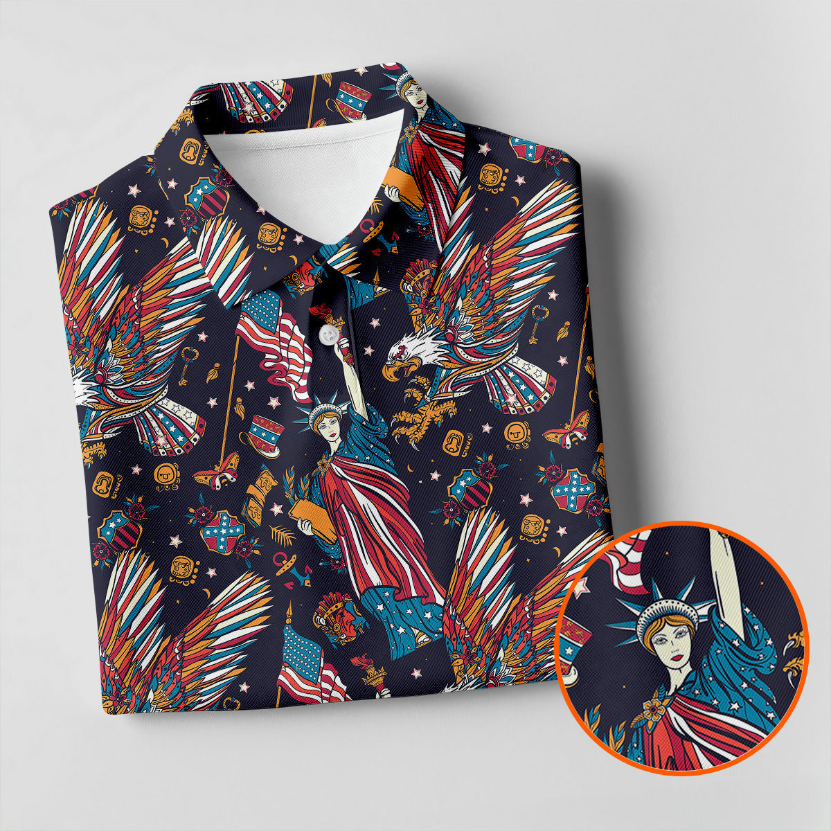 Patriotic American Eagle With Flag Statue Of Liberty Pattern 250th Anniversary Golf Shirts For Men