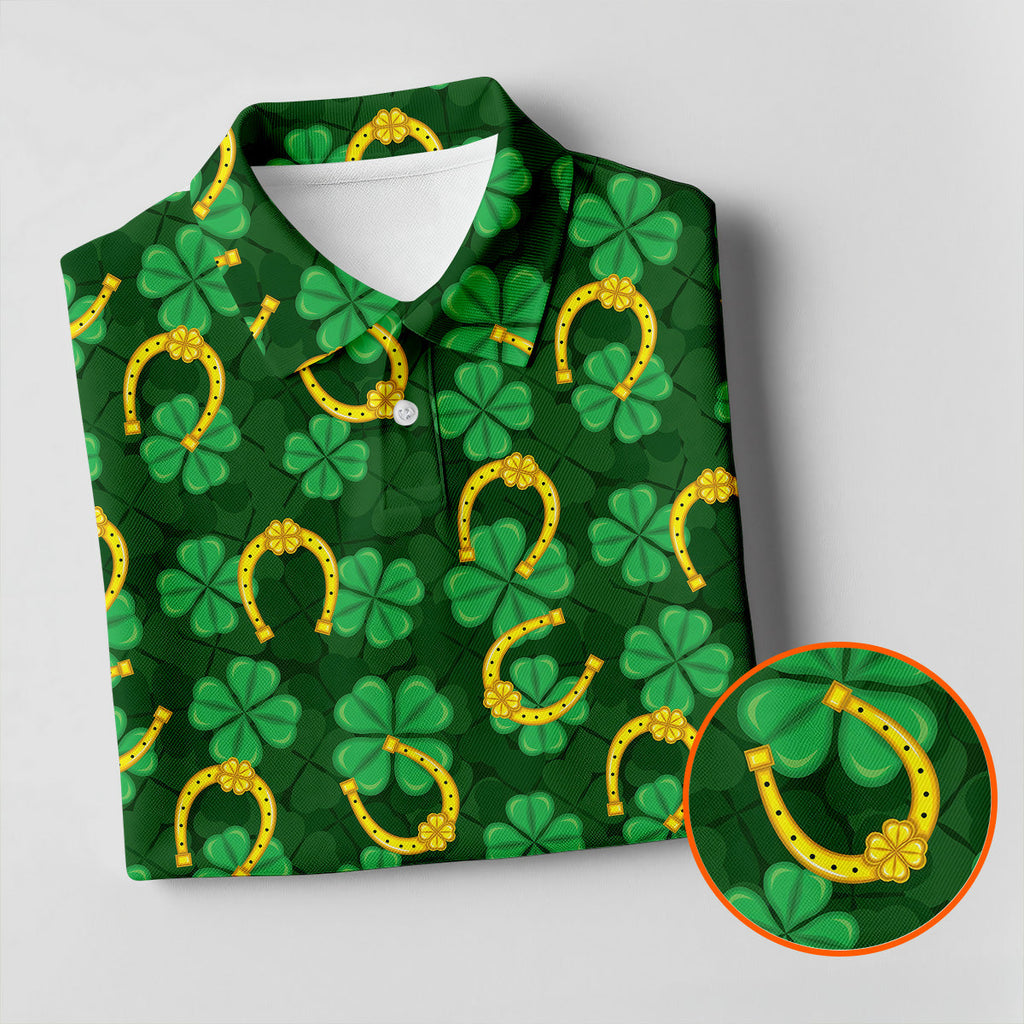 Four Leaf Clovers Golden Horseshoes St Patrick's Day Golf Shirt, Polo Shirts For Men, Golf Shirts For Men