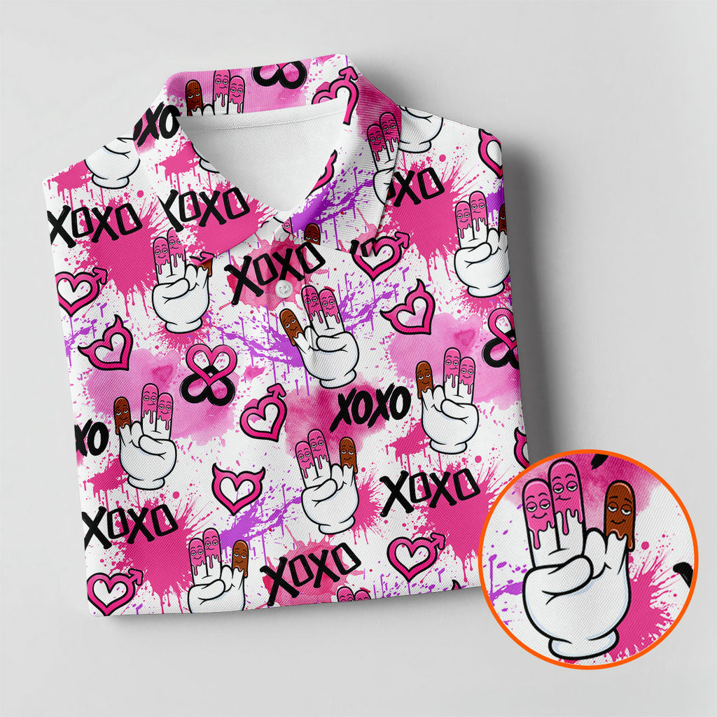 Chocolate Fingers Adult Humor XOXO Pink Splatter Fun Golf Shirts For Men, Valentines Golf Gift, Polo Shirts For Men