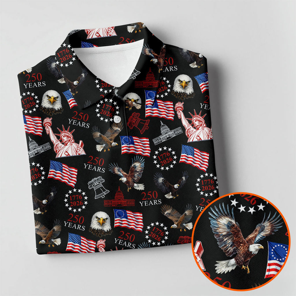 250 Years American Symbol Patriotic Pattern Black Golf Shirt, 4th Of July Golf Shirt, Golf Shirts For Men