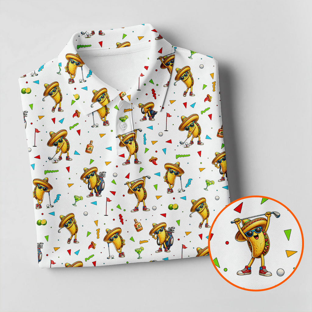 Fairway Fiesta Taco Margarita Mexico Theme White Golf Shirt, Men's Golf Shirts, Polo Shirts For Men