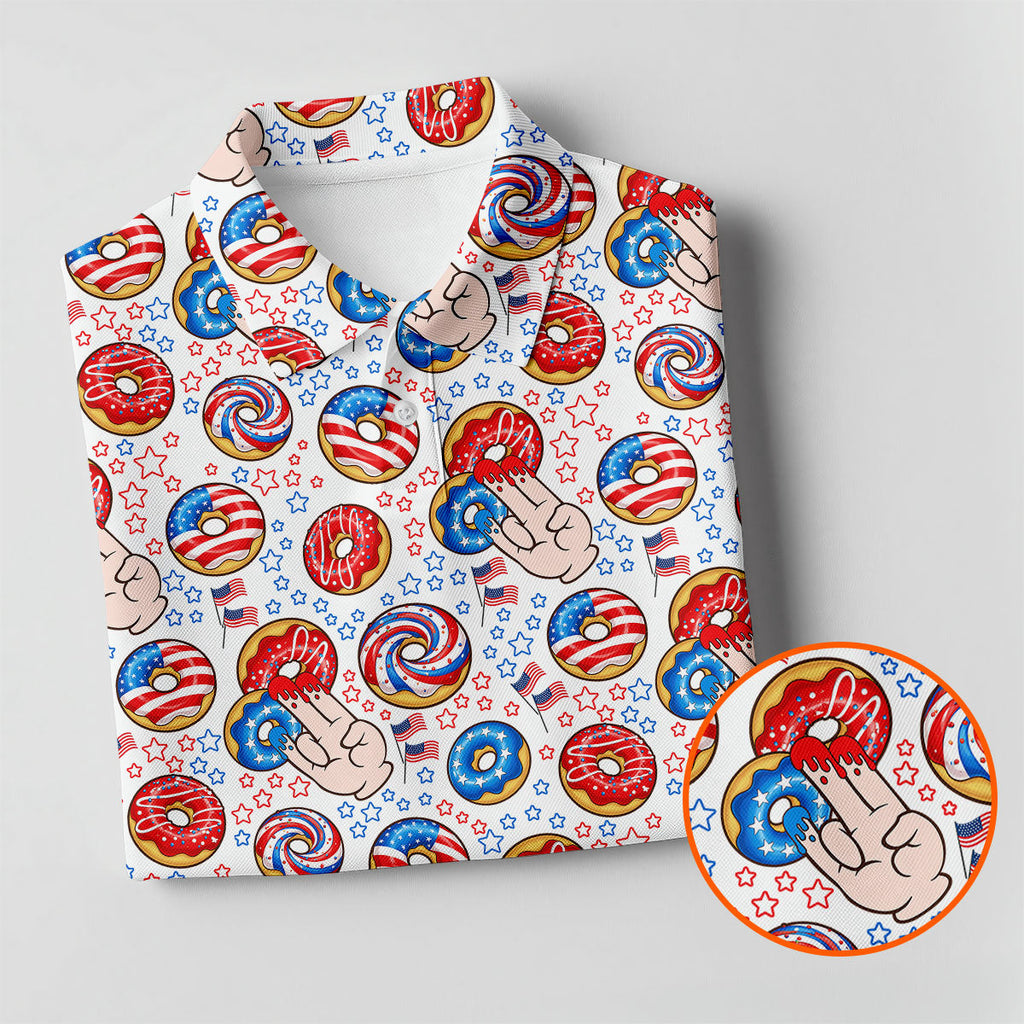 Donut Finger Funny Dirty American Flag Pattern White Golf Shirts For Men, 250th Anniversary Patriotic Golf Shirt