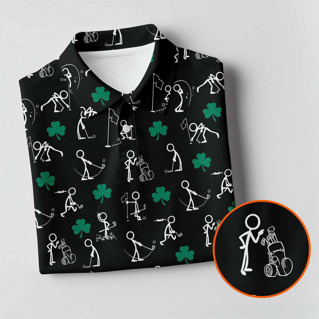 Stick Figure Golf Pose St Patrick's Day Shamrock Black Golf Shirt, Polo Shirts For Men, Golf Shirts For Men