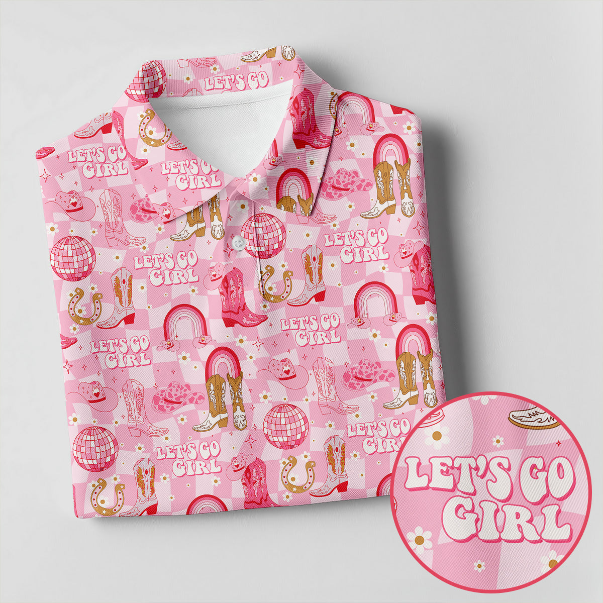 Let's Go Girl Pink Checkered Western Cowgirl Golf Tops For Men, Polo Shirts For Men, Golf Shirts For Men