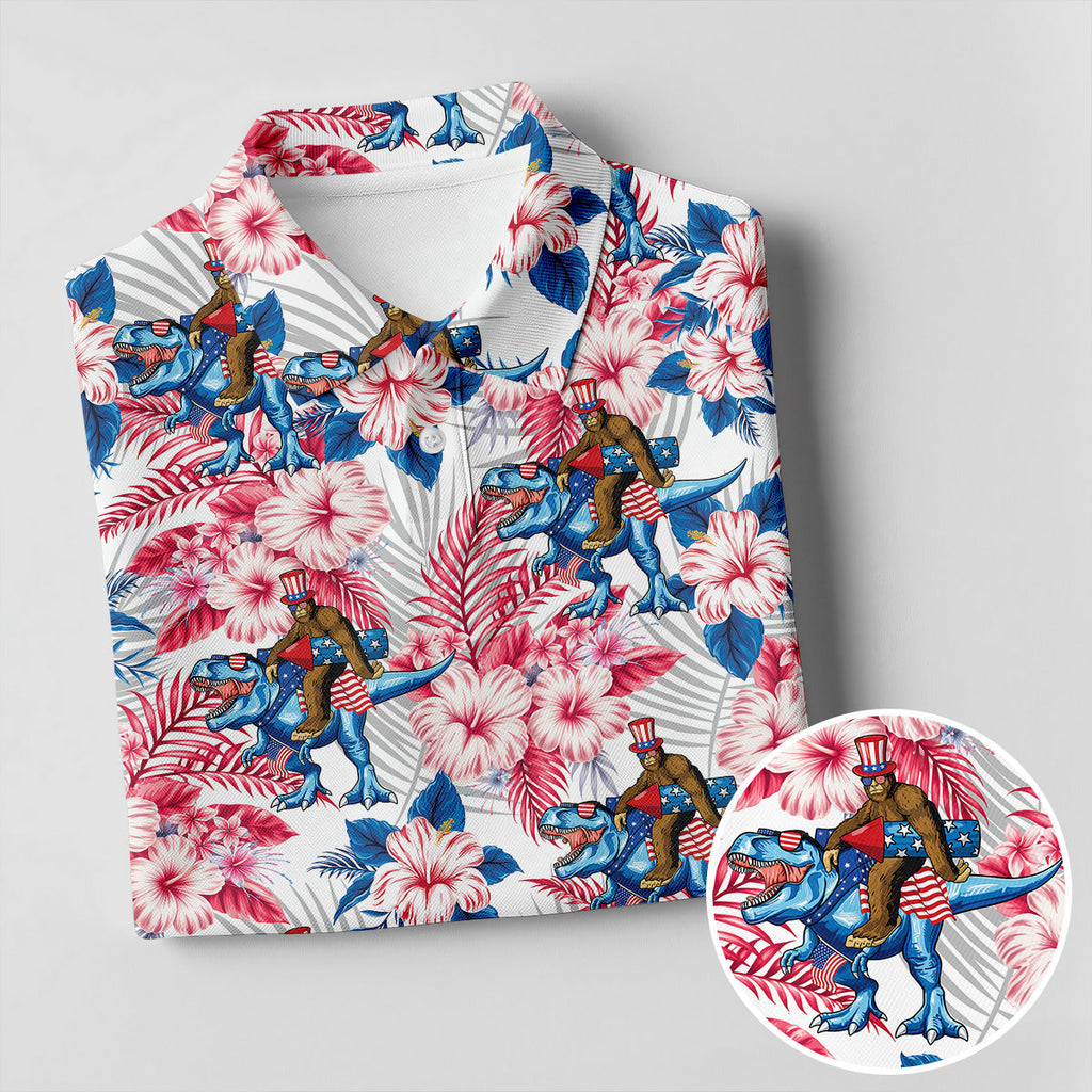 Patriotic T-Rex Bigfoot Hawaiian Floral Golf Shirt, 250 Years 4th Of July Golf Shirts For Men