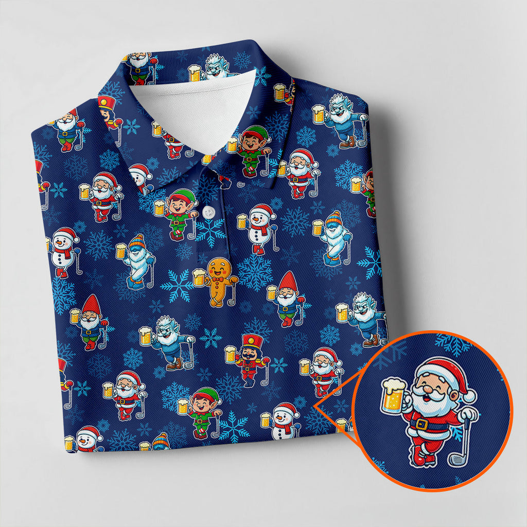 Christmas Characters Golf And Beer Navy Men's Funny Golf Shirts, Christmas Golf Shirt, Polo ShirtFor Men