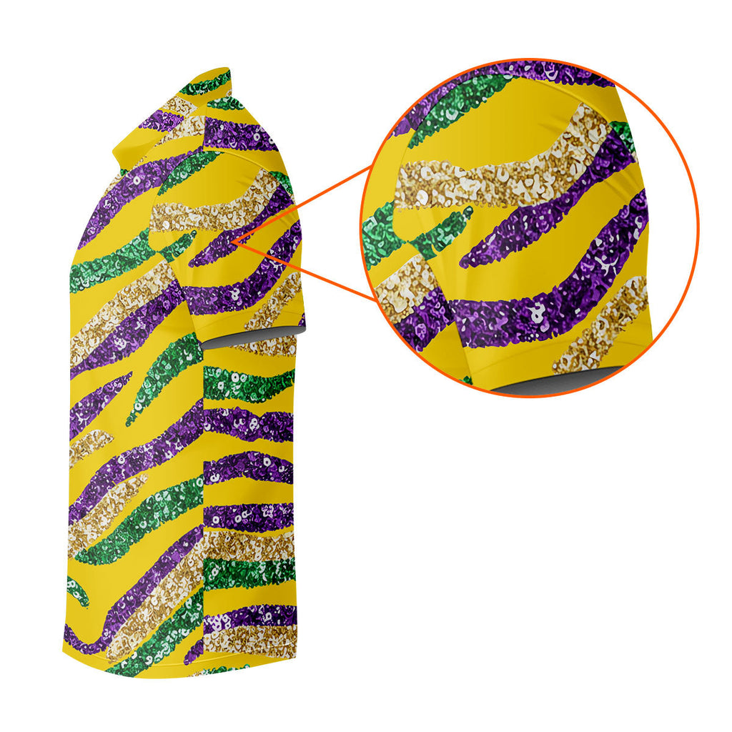 Purple Green Gold Sequin Pattern Yellow Golf Shirt, Mardi Gras Golf Shirt, Polo Shirts For Men