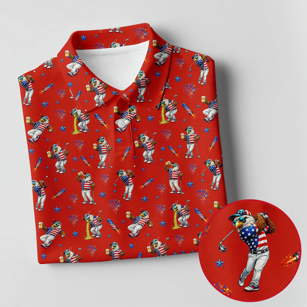 Patriotic Eagle Golf And Beer Funny 4th Of July Red Golf Shirt, 250th Anniversary Golf Shirts For Men