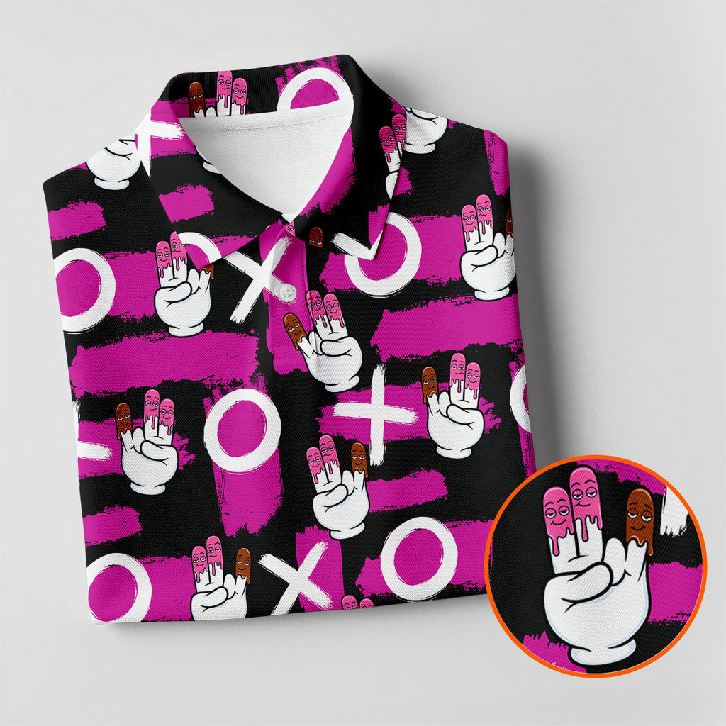 Chocolate Fingers Adult Humor XOXO Black Purple Fun Golf Shirts For Men, Valentines Golf Gift, Polo Shirts For Men
