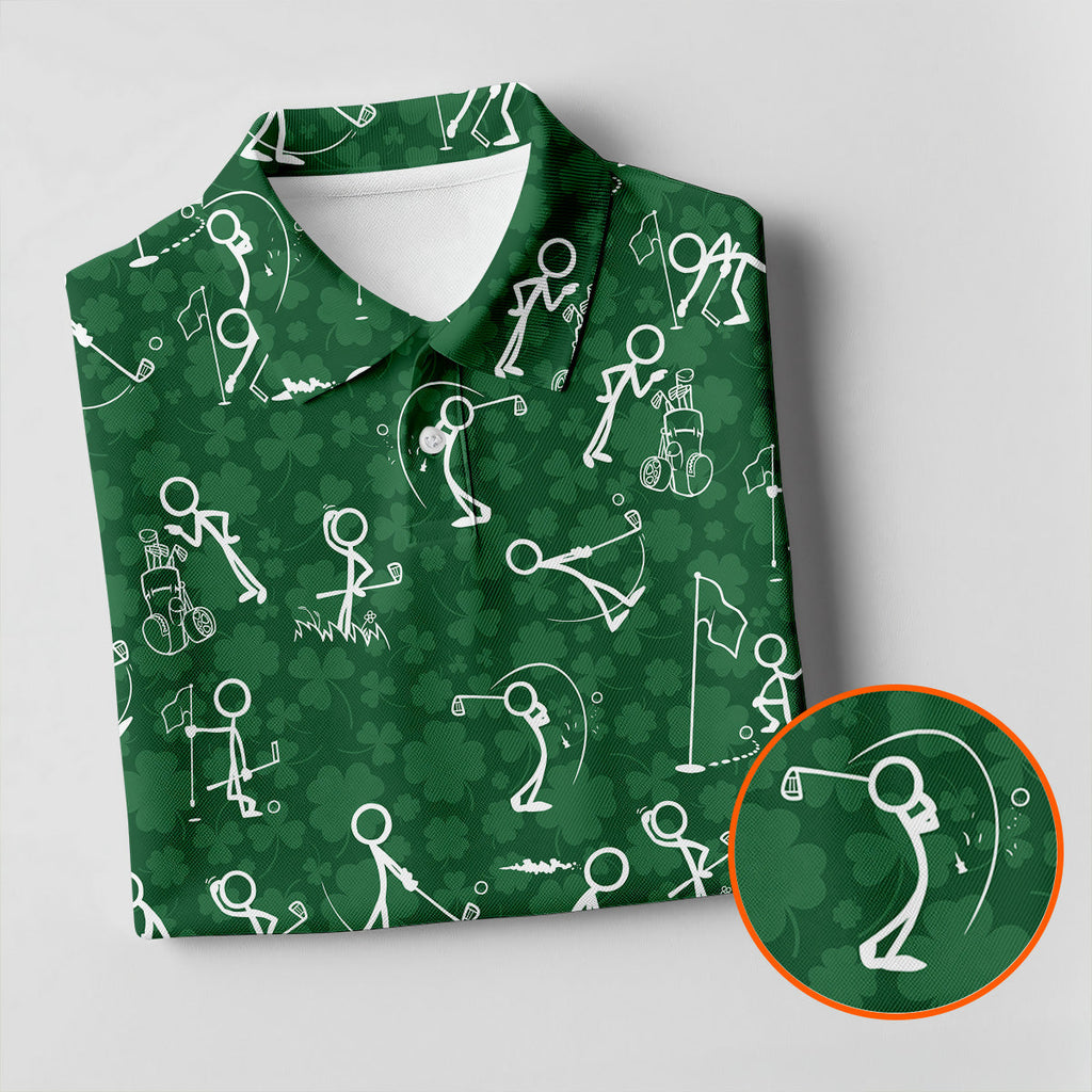 Stick Figure Golf Pose Shamrock Golf Shirt, St Patrick's Day Golf Tops For Men, Polo ShirtFor Men