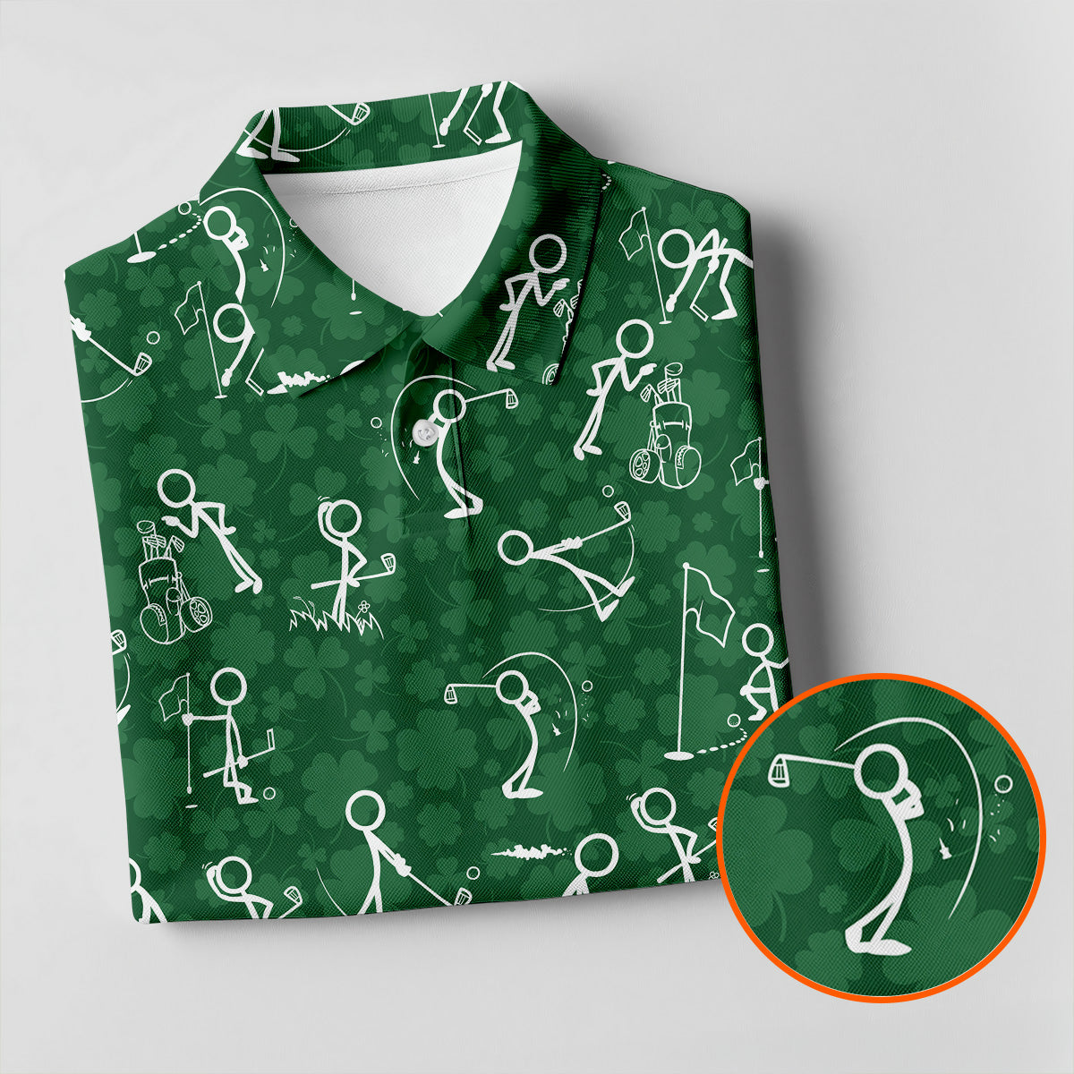Stick Figure Golf Pose Shamrock Golf Shirt, St Patrick's Day Golf Tops For Men, Polo ShirtFor Men