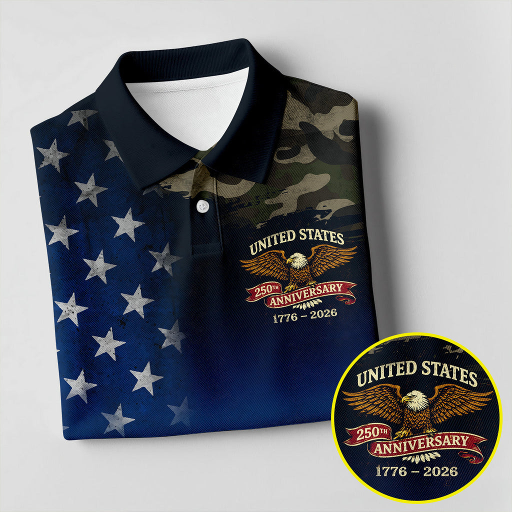 United States 250th Anniversary Camo Patriotic 4th Of July Golf Shirt, Distressed Flag Golf Shirts For Men