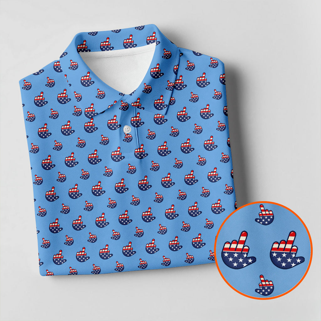 Funny Middle finger US Flag Pattern 250th Anniversary Blue Golf Shirt, 4th Of July Golf Shirts For Men