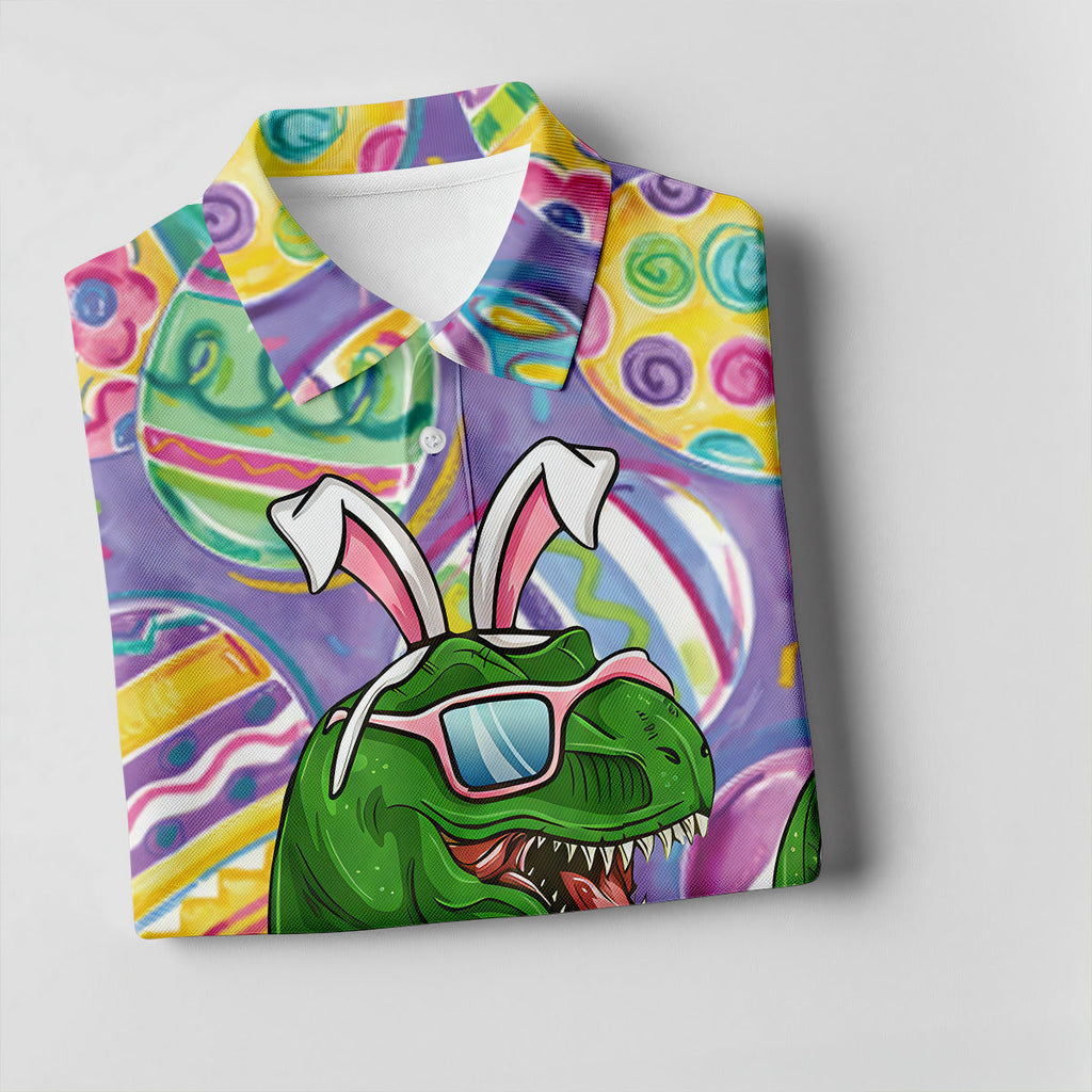 T-Rex Bunny Painted Easter Eggs Golf Shirts For Men, Men's Funny Golf Shirts, Polo Shirts For Men