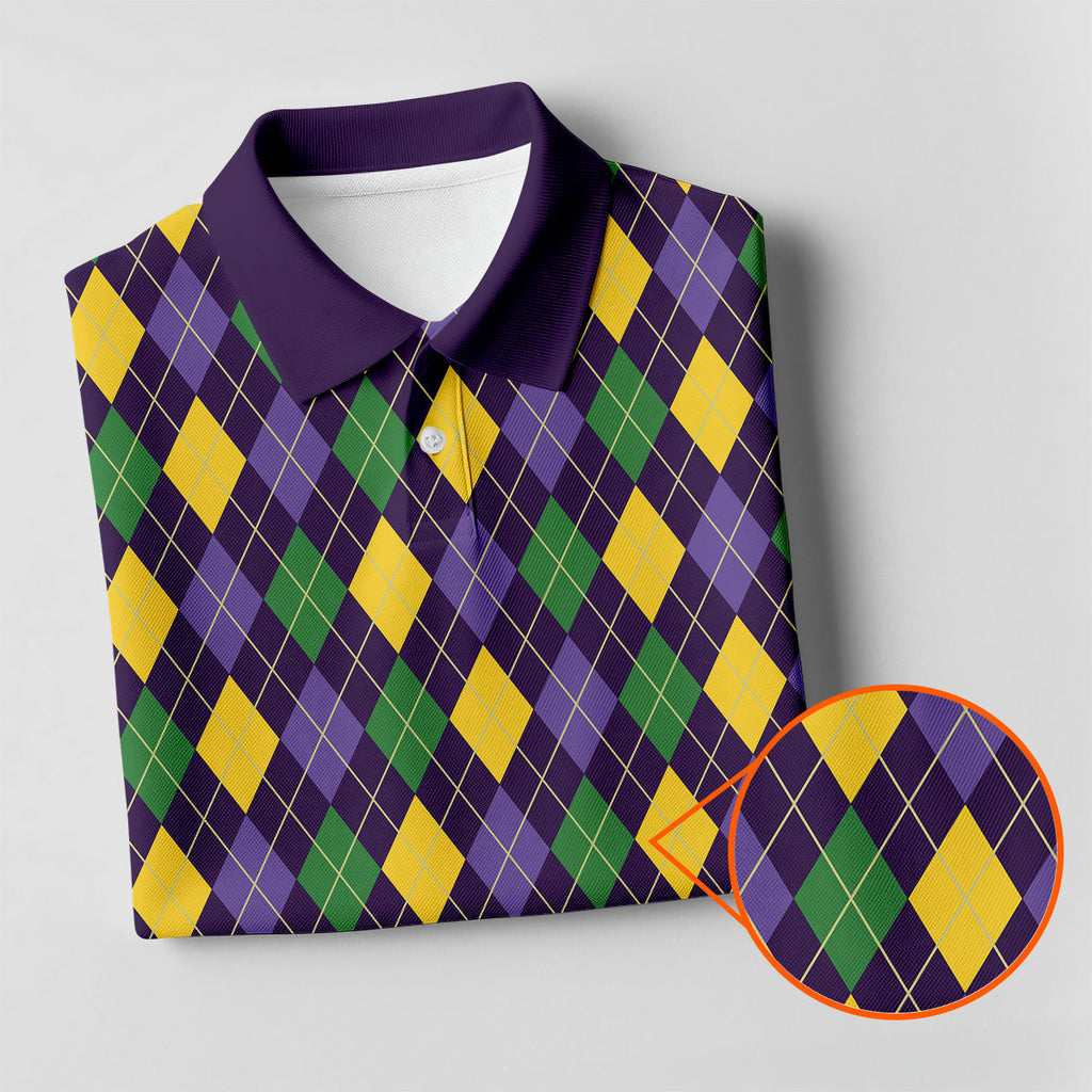 Green Purple Gold Argyle Pattern Mardi Gras Golf Shirt, Polo Shirts For Men, Golf Shirts For Men