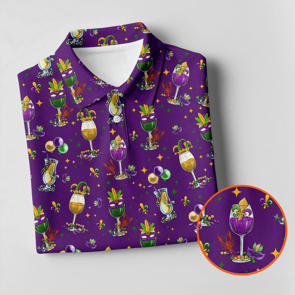 Mardi Gras Wine Glass Beaded Garland Fleur De Lis Purple Golf Shirt, Polo ShirtFor Men, Golf Shirts For Men