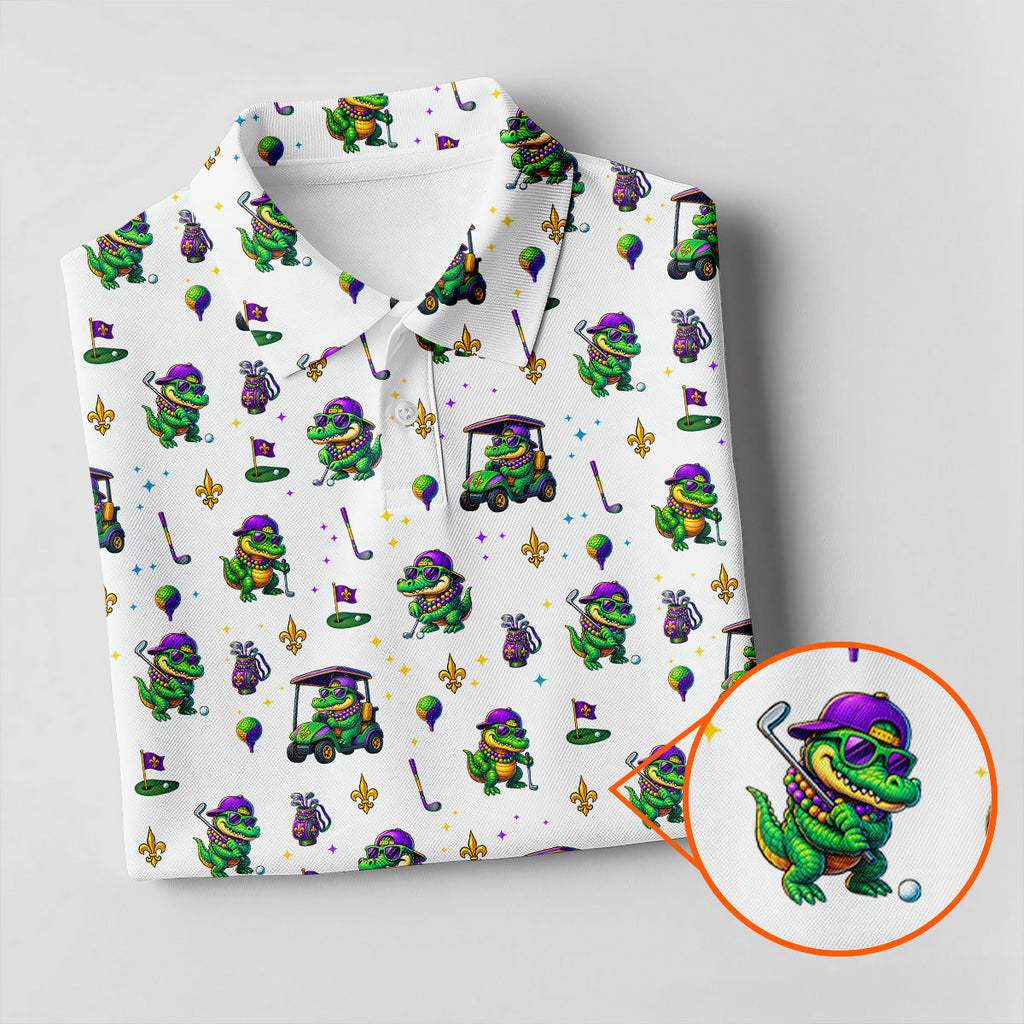Funny Crocodile Golfing Mardi Gras Golf Shirts, White Golf Shirt, Golf Gift For Men, Golf Shirts For Men