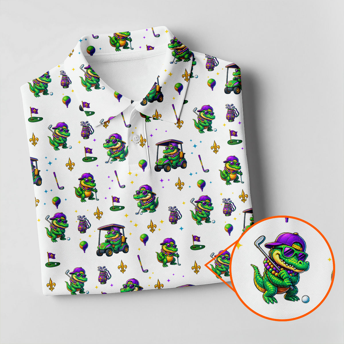 Funny Crocodile Golfing Mardi Gras Golf Shirts, White Golf Shirt, Golf Gift For Men, Golf Shirts For Men