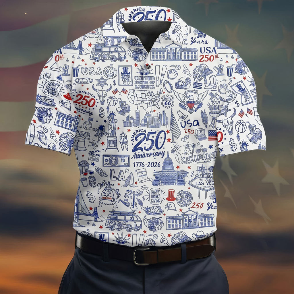 America 250 Anniversary US Symbols Doodle Pattern Patriotic Golf Shirt, 4th Of July Golf Shirts For Men