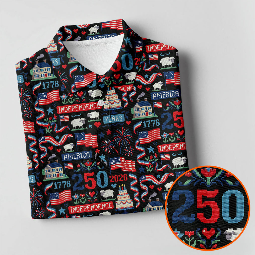 America Independence 250 Years Black Golf Shirt, Patriotic 4th Of July Golf Shirts For Men