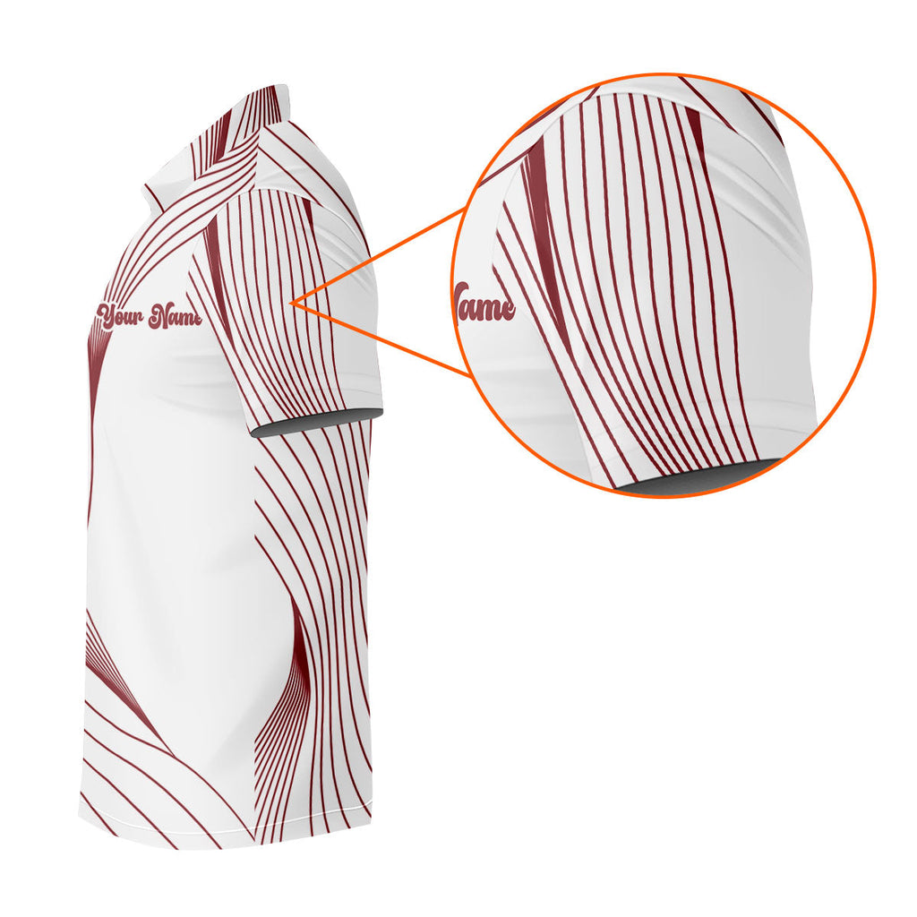Geometric Line Wavy Line Red And White Custom Name Golf Shirts For Men, Men's Golf Shirt, Polo Shirts For Men