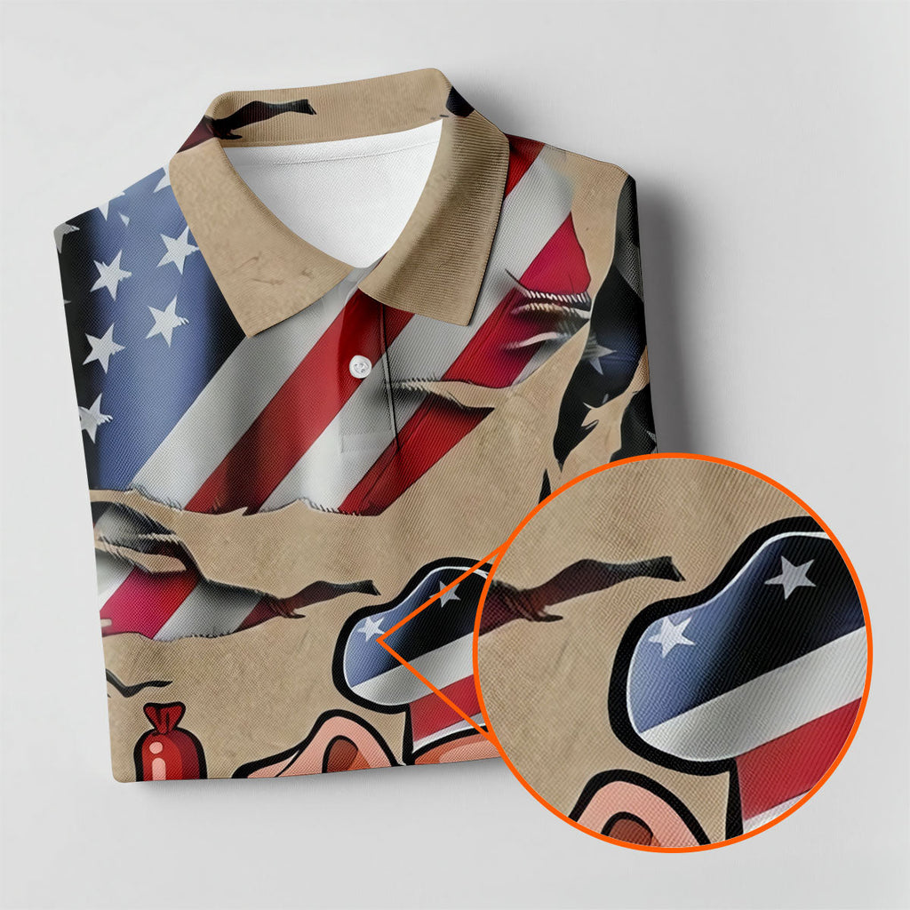 Patriotic American Flag Funny BBQ 250th Anniversary Dark Beige Polo Shirts For Men, Golf Shirts For Men