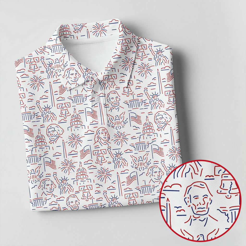 Red White Blue Outlined Patriotic American 250th Anniversary White Golf Shirt, 4th Of July Golf Shirts For Men