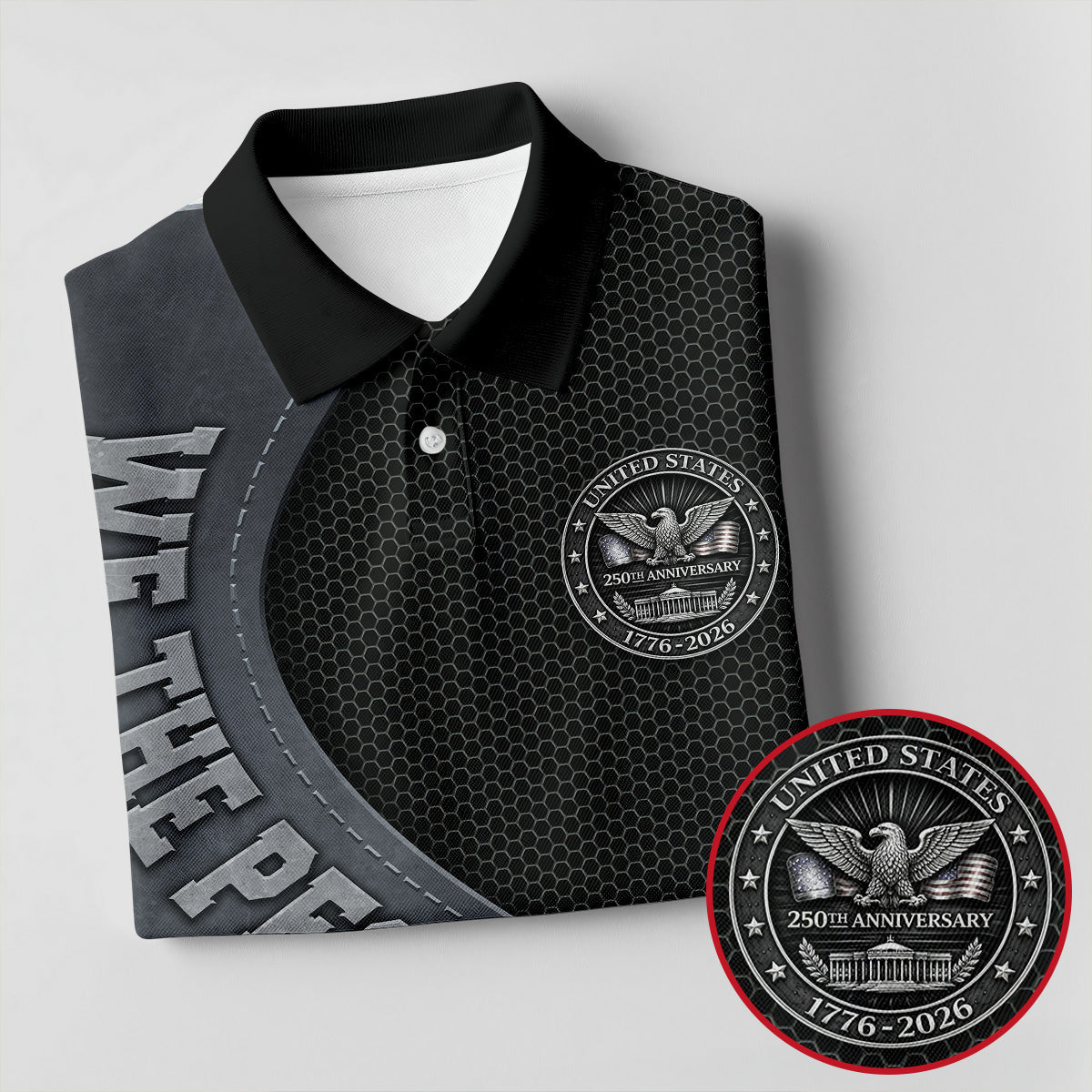 We The People US 250th Anniversary Hexagon Pattern Custom Golf Shirts, 4th Of July Patriotic Golf Shirts For Men