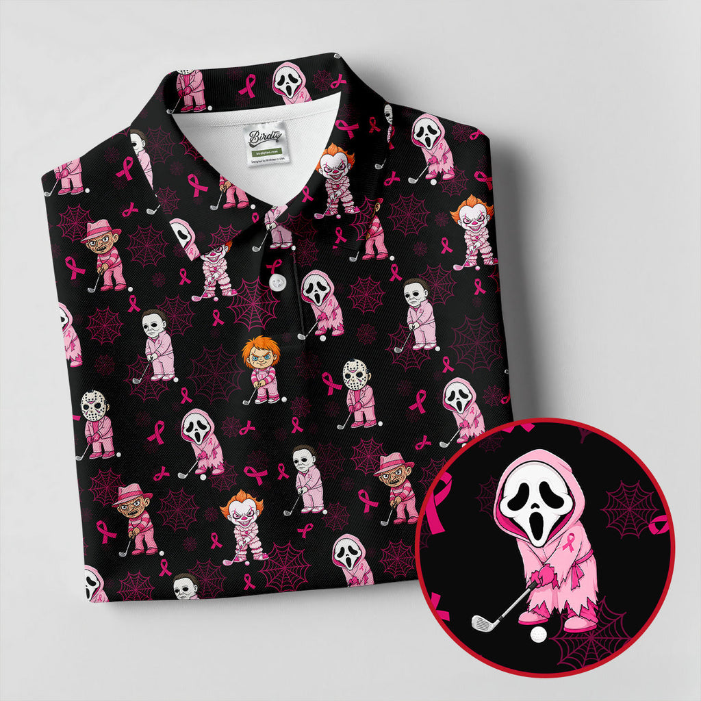 Black Halloween Horror Breast Cancer Polo Shirt, Women's Golf Polo, Golf Tops For Women