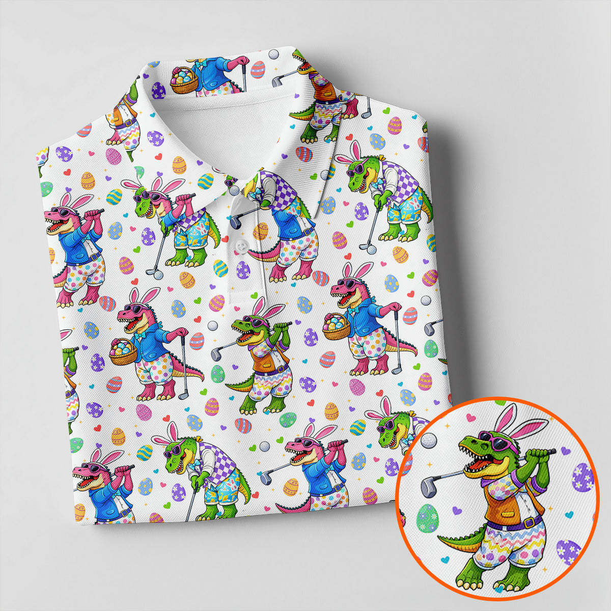 Easter Dinosaur Gradient Pattern Men's Funny Golf Shirts, Golf Shirts For Men, Polo ShirtFor Men