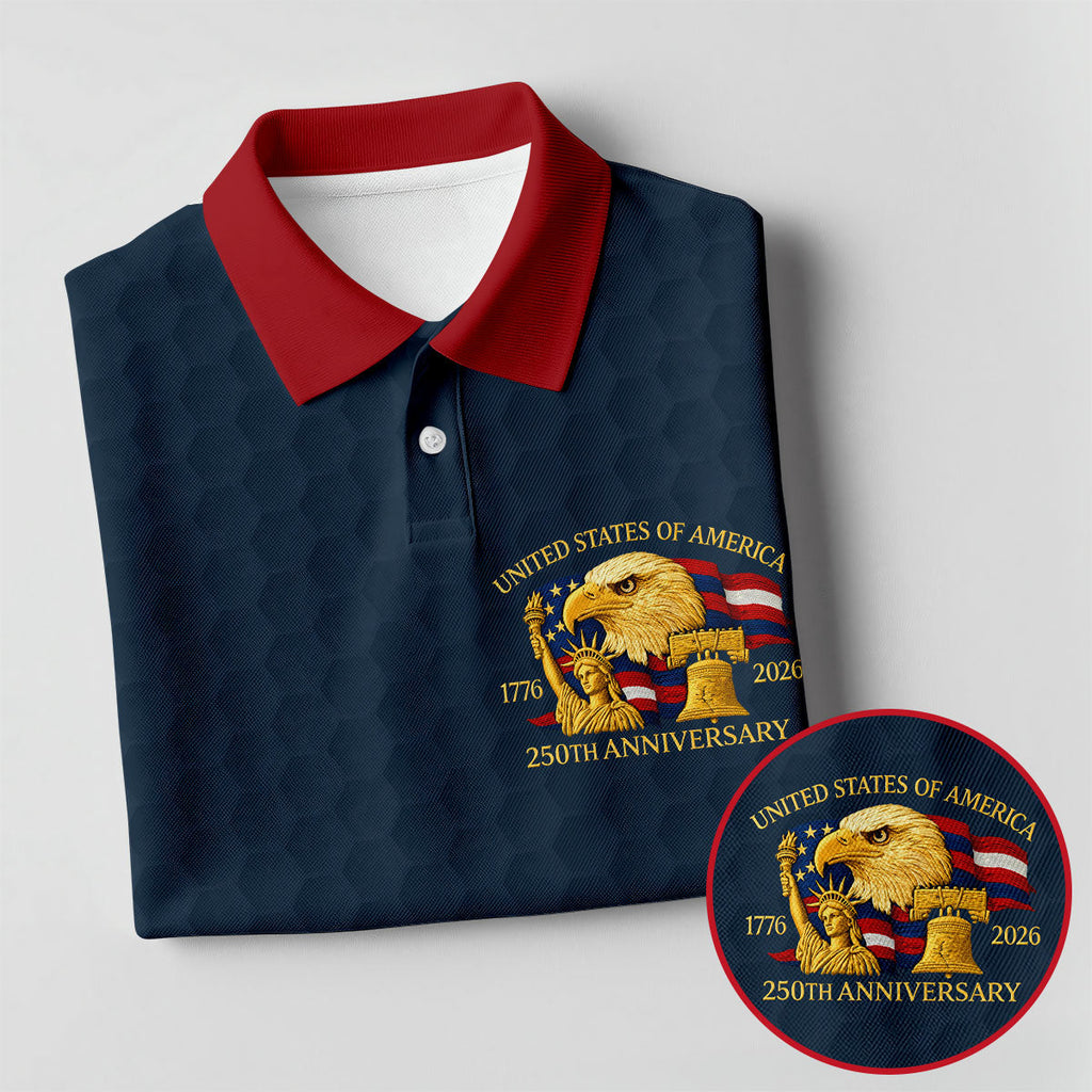 United States 250th Anniversary Patriotic Eagle Navy Custom Golf Shirts, 4th Of July Golf Shirts For Men