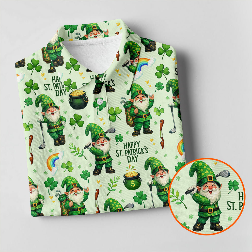 Happy St Patrick's Day Gnomes Shamrock Golf Shirt, Men's Funny Golf Shirts, Golf Shirts For Men