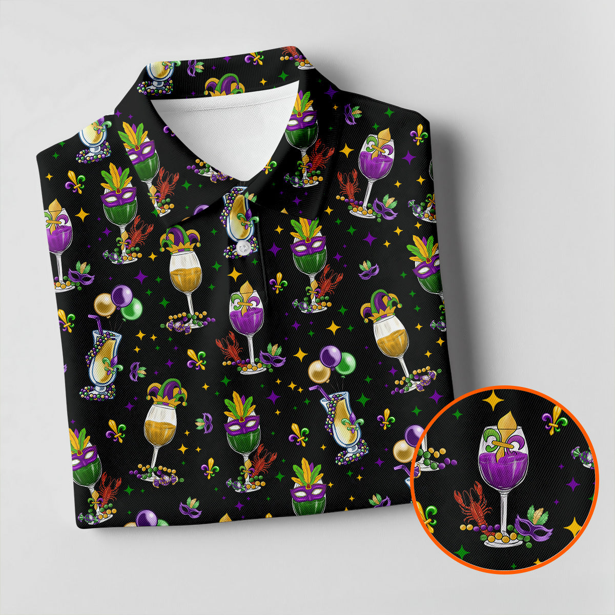 Mardi Gras Wine Glass Beaded Garland Fleur De Lis Black Golf Shirt, Polo Shirts For Men, Golf Shirts For Men