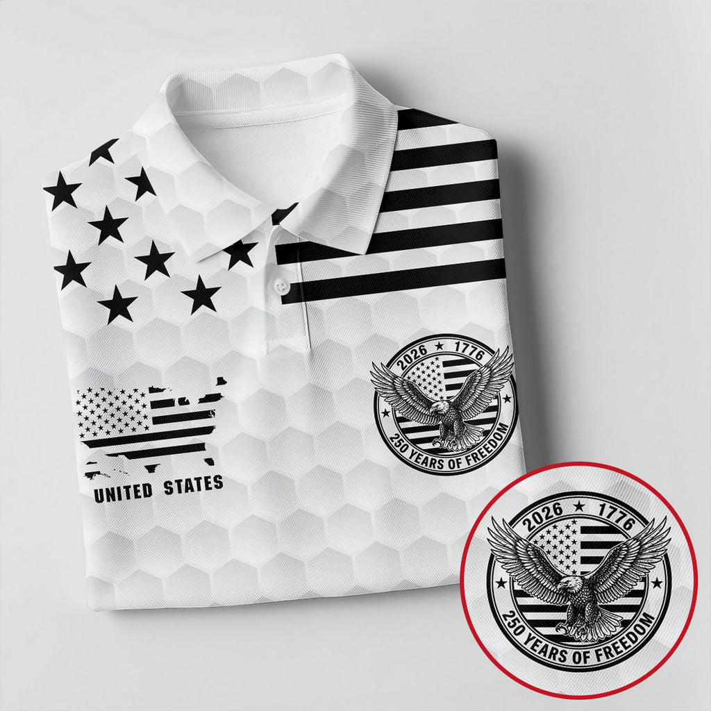 250 Years Of Freedom Golf Ball Pattern White Golf Shirt, 4th Of July Patriotic Golf Shirts For Men