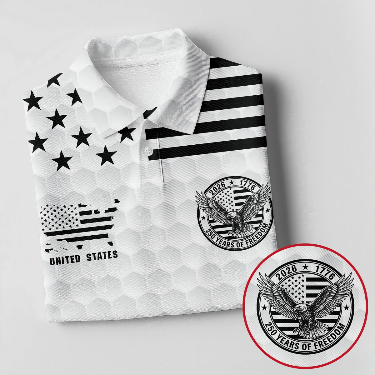 250 Years Of Freedom Golf Ball Pattern White Golf Shirt, 4th Of July Patriotic Golf Shirts For Men