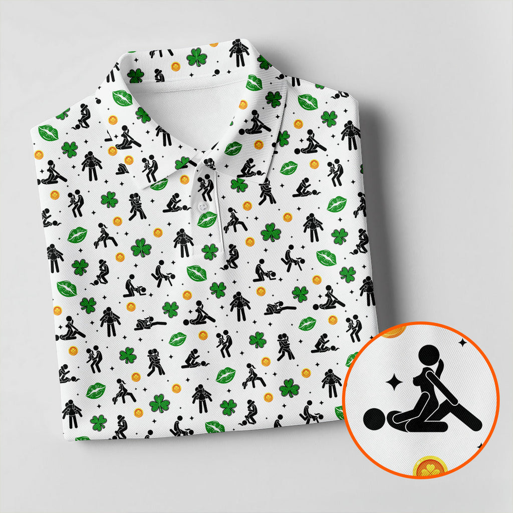 Funny Stick Figure Naughty Position Shamrock St Patrick's Day Golf Shirt, Performance Golf Shirt, Polo Shirts For Men