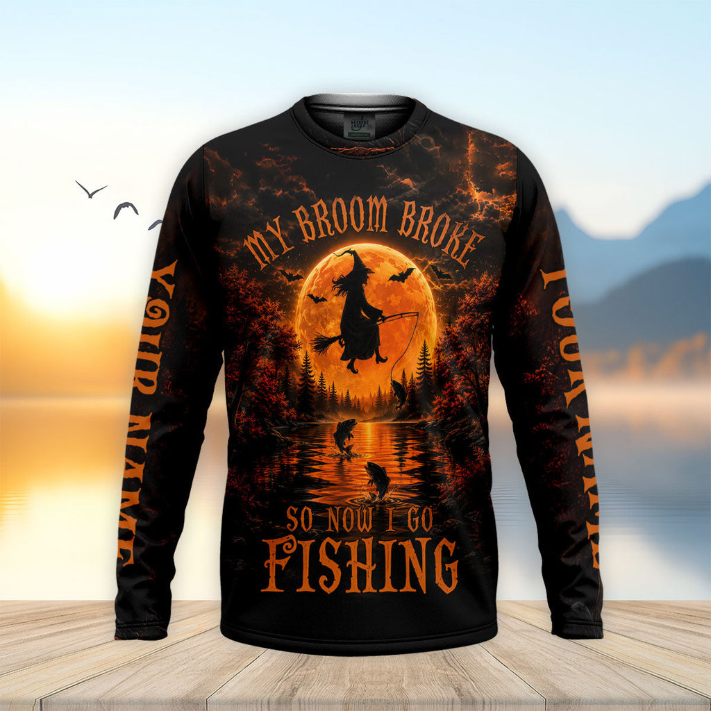 My Broom Broke So Now I Go Fishing UPF Shirt, Mens Fishing Shirt, Halloween Fishing Shirt