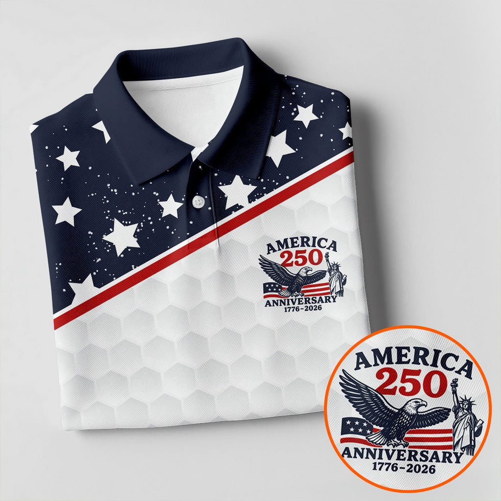 America 250 Anniversary Golf Ball Pattern Retro Golf Shirt, Patriotic 4th Of July Golf Shirts For Men