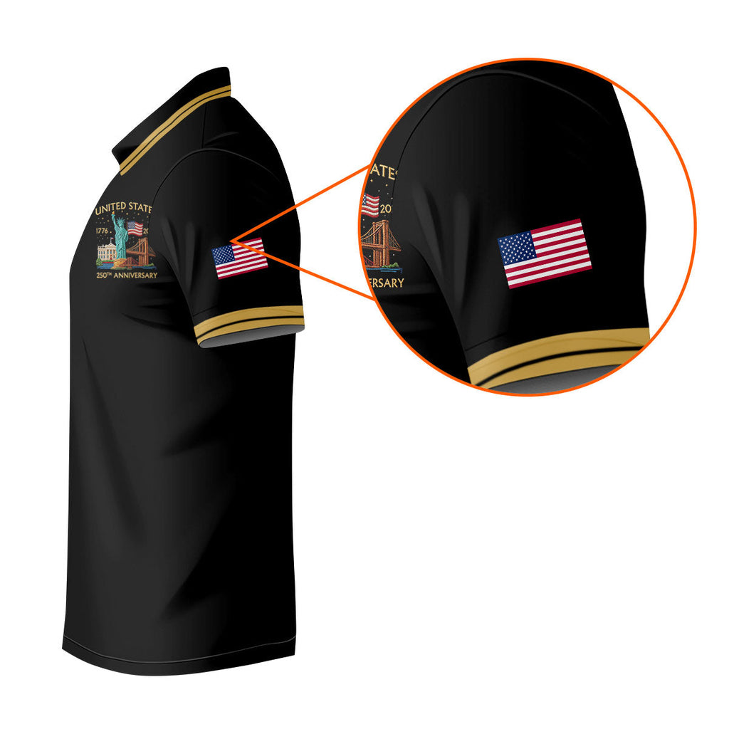 American Symbols Black Patriotic Golf Shirt, US 250 Years 4th Of July Golf Shirts For Men