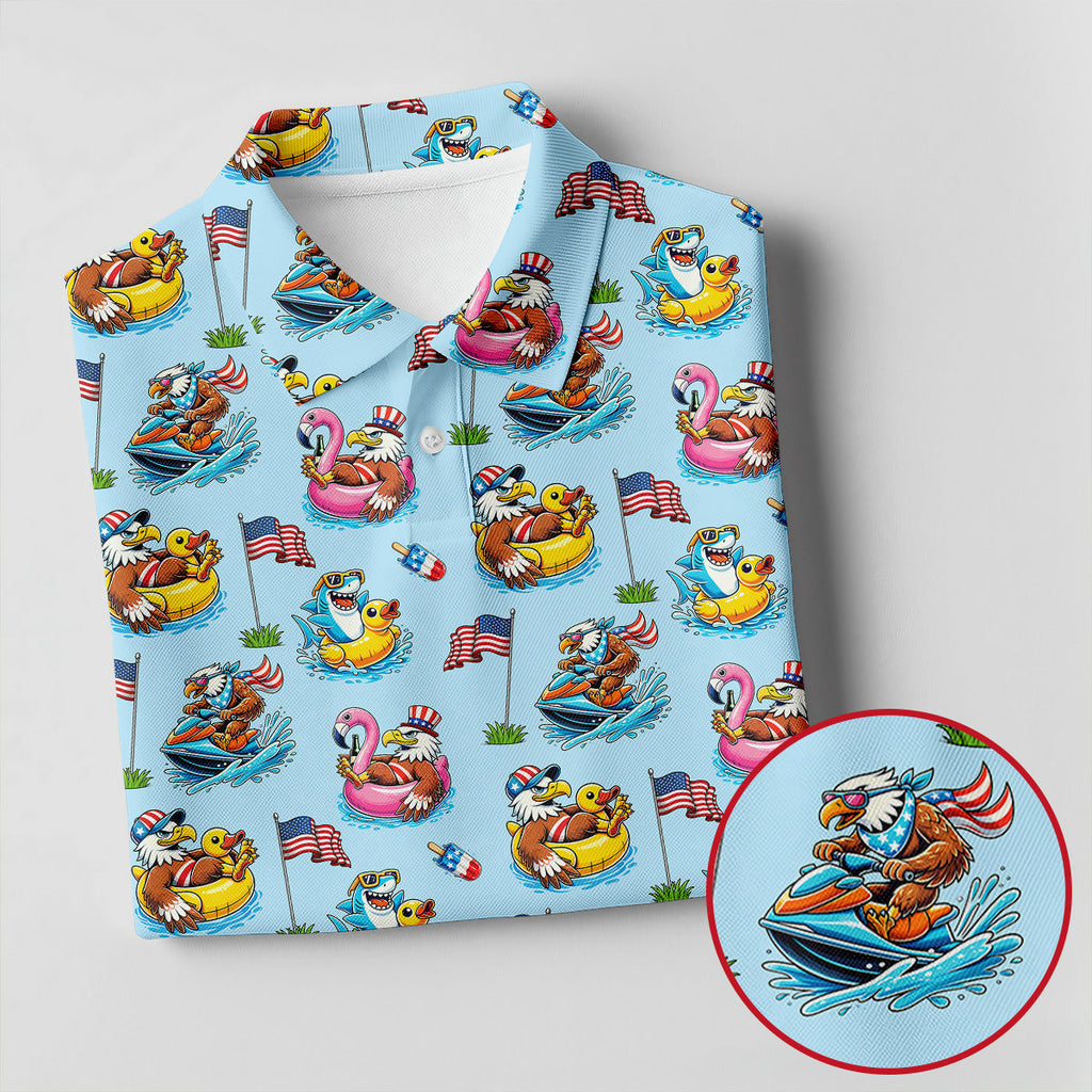 Eagle Shark Summer Theme Patriotic Party 4th Of July Golf Shirt, 250th Anniversary Golf Shirts For Men