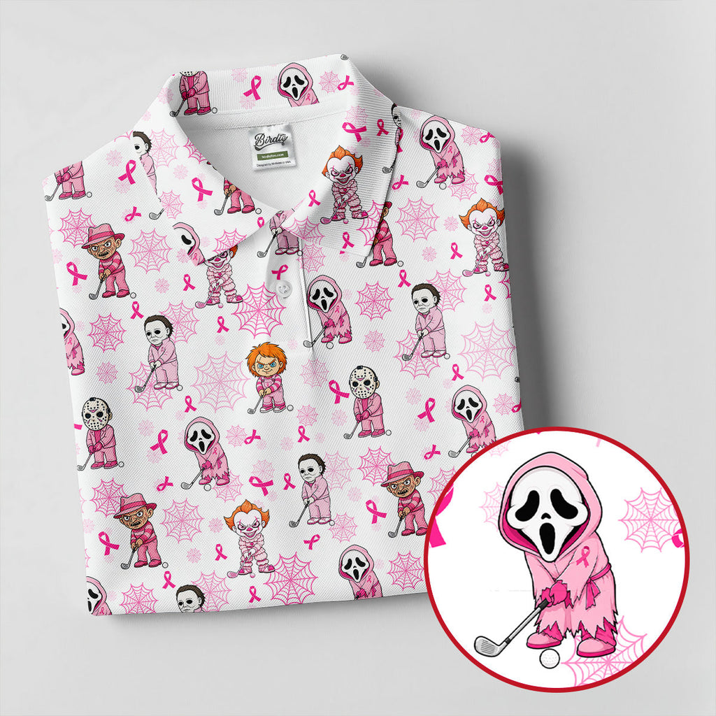 Halloween Horror Character Breast Cancer Polo Shirt, Mens Golf Polo, Golf Apparel For Men